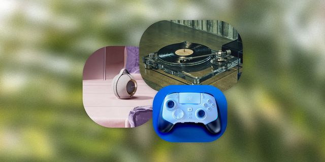 collage of a speaker, a record player, and a game controller