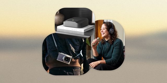 collage of a person wearing a camera, a router on a book, and a woman using a microphone