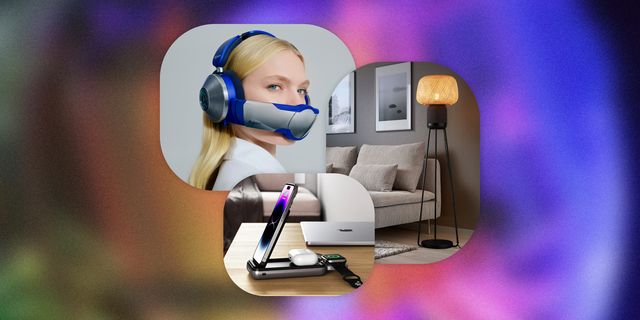 collage of a woman wearing dyson headphones, a wireless charger, and a lamp with a speaker