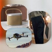collage of a speaker on a table, a drone flying, and a woman holding a laptop