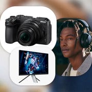 camera, tv, and man wearing headphones