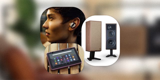 collage of someone wearing earbuds, an amazon fire 7 tablet on a table, and standing speakers