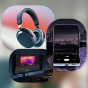 collage of headphones, flip phone, and computer monitor