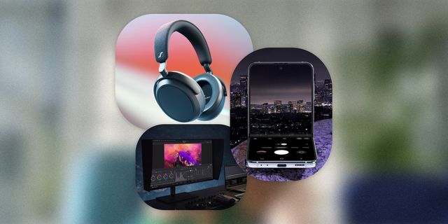 collage of headphones, flip phone, and computer monitor