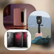 collage of a speaker, a portable camera, and a digital music player