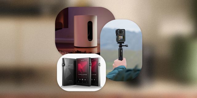collage of a speaker, a portable camera, and a digital music player