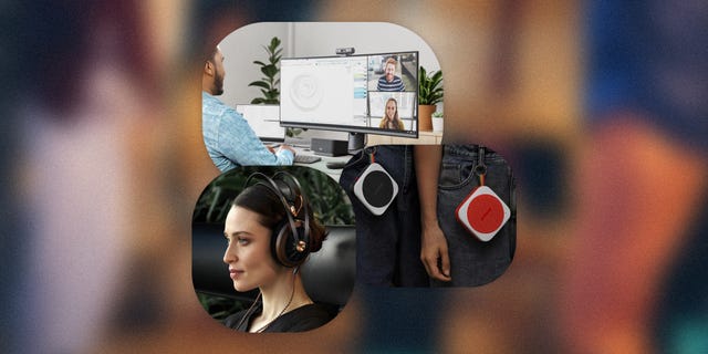 collage of man on a computer, woman wearing headphones, and mini speakers attached to a belt loop