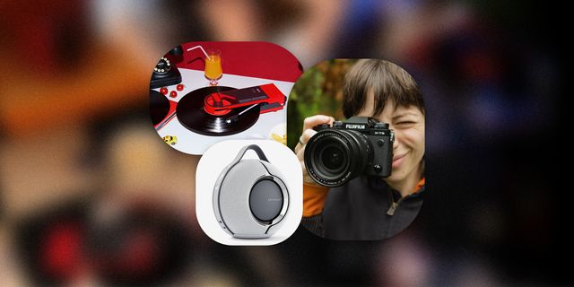 collage of a record player, a bluetooth speaker, and a woman shooting a camera