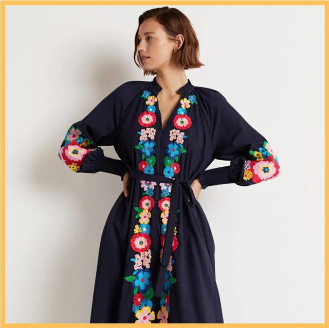 boden's summer collection including yellow spot shirt and black embroidered maxi dress