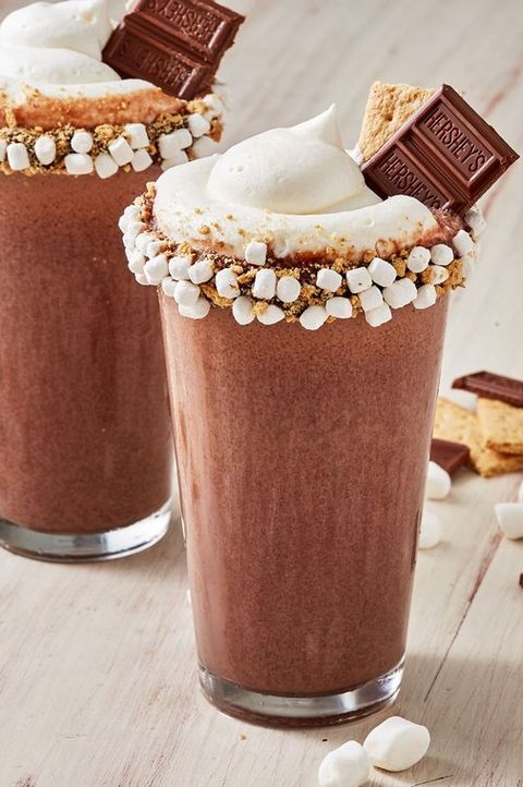 chocolate milkshake topped with marshmallow fluff, chocolate and graham crackers