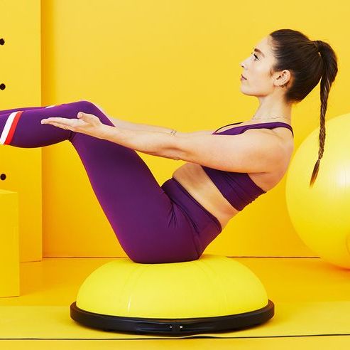 Yellow, Leg, Arm, Muscle, Physical fitness, Balance, Swiss ball, Pilates, Exercise, Thigh, 