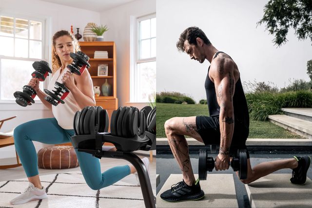woman working out with bowflex and man working out with smrtft dumbells