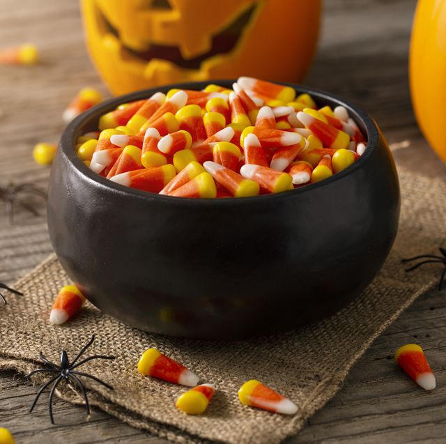 Bowl of Halloween Candy Corns and Jack O' Lantern