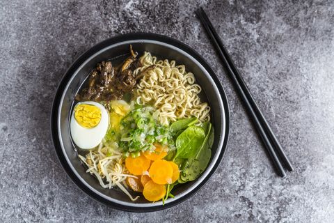 Bowl of ramen soup with spinach, carrot, boiled egg, bamboo sprouts and mushrooms