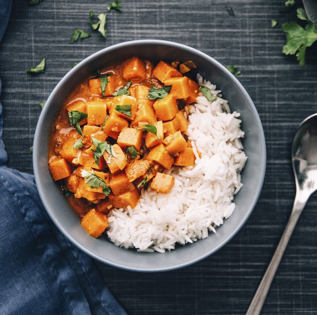 bowl of sweetpotato ragout served with rice