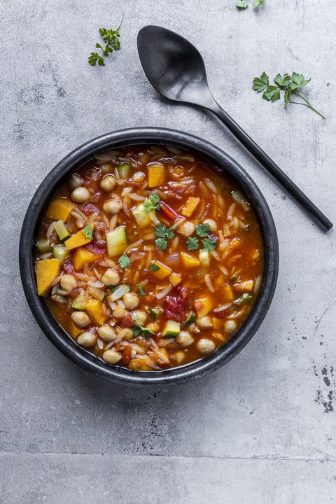 bowl of vegan stew with chickpeas and sweet potaoes
