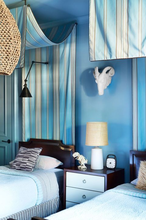 Bedroom, Room, Blue, Furniture, Interior design, Turquoise, Bed, Curtain, Ceiling, Wall, 