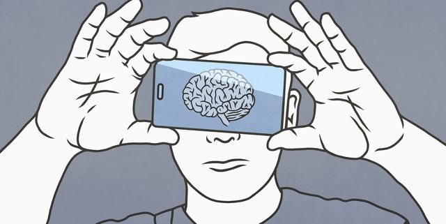 brain on smart phone screen over mans face royalty free illustration - Clínica-SER
