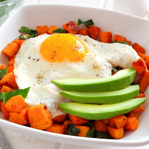 Breakfast bowl close up with sweet potato, egg, avocado and spinach
