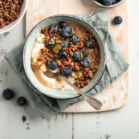 breakfast granola bowl with blueberries and yogurt