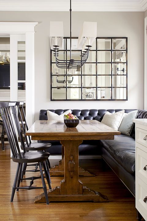 breakfast nook ideas, tufted black stool with wooden table