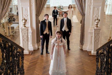 Bridgerton l to r Luke Newton to Colin Bridgerton, Tillston to Gregory Bridgerton, Claudia Jessie to Eloise Bridgerton, Ruby Stokes to Francesca Bridgerton, Luke Thompson to Benedict Bridgerton, Florence Hunt to Hyacinth Bridgerton © bridgerton cr liam danielnet