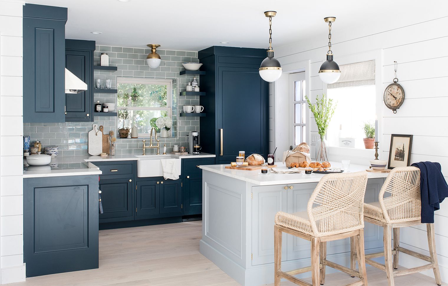 light grey and dark blue kitchen