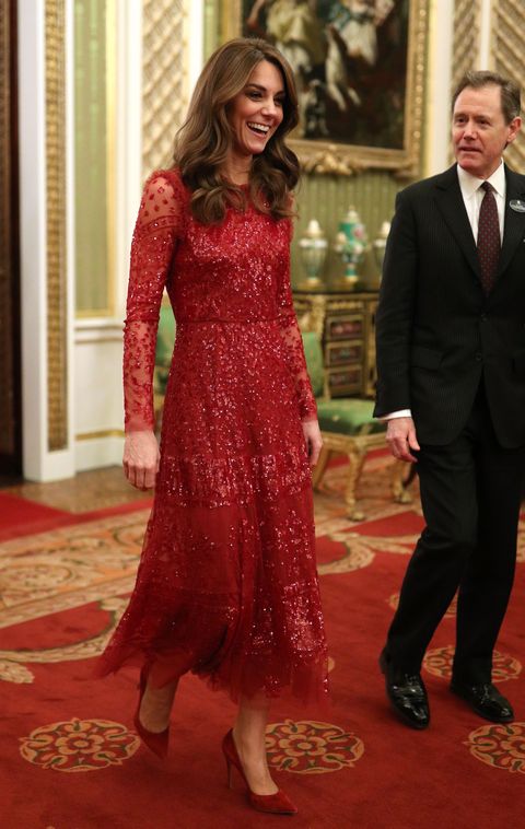 The Duchess Of Cambridge Wears Red Needle Thread Dress At Buckingham Palace Reception