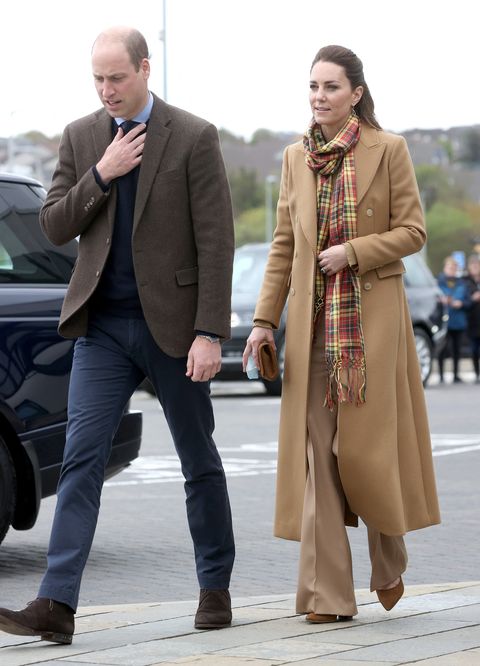 Kate Middleton Wears Tan Coat Trousers And Red Tartan Scarf In Scotland