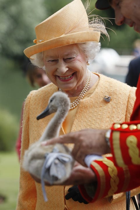 queen smiling in white fur coat and crown