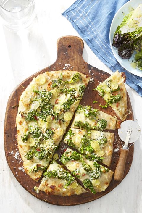 broccoli rabe and potato pizza with caesar salad