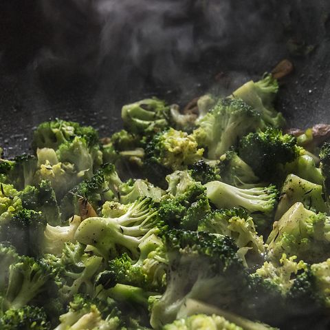 Broccoli with garlic in a frying pan