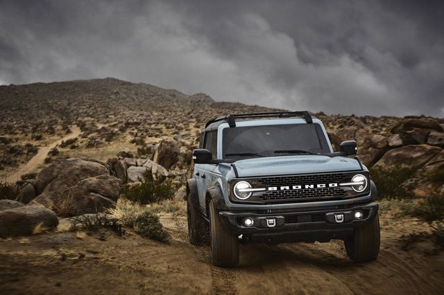 pre production 2021 bronco four door badlands series with available sasquatch™ off road package in cactus gray in johnson valley, california