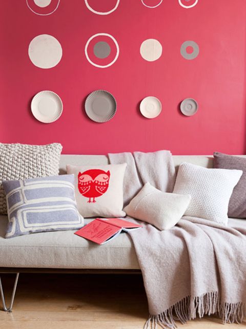 Pink, Red, Room, Wall, Furniture, Interior design, Pattern, Wallpaper, Polka dot, Design, 