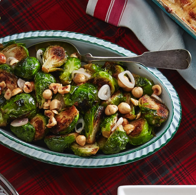brussels sprouts with pickled shallots and hazelnuts