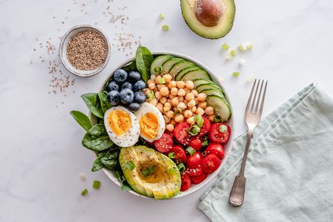 buddha bowl with avocado, egg, chickpeas, tomato, cucumber, spinach and blueberries