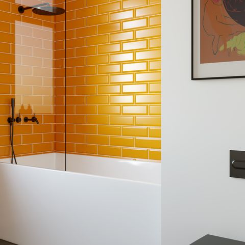 low budget bathroom ideas, orange subway mountain tile wall tiles