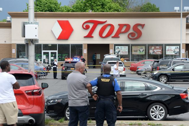 buffalo, ny   may 14 buffalo police on scene at a tops friendly market on may 14, 2022 in buffalo, new york according to reports, at least 10 people were killed after a mass shooting at the store with the shooter in police custody photo by john normilegetty images