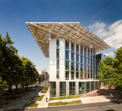 bullitt center, seattle, united states architect miller hull partnership , 2013 elevation with angular photovoltaic panel canopy