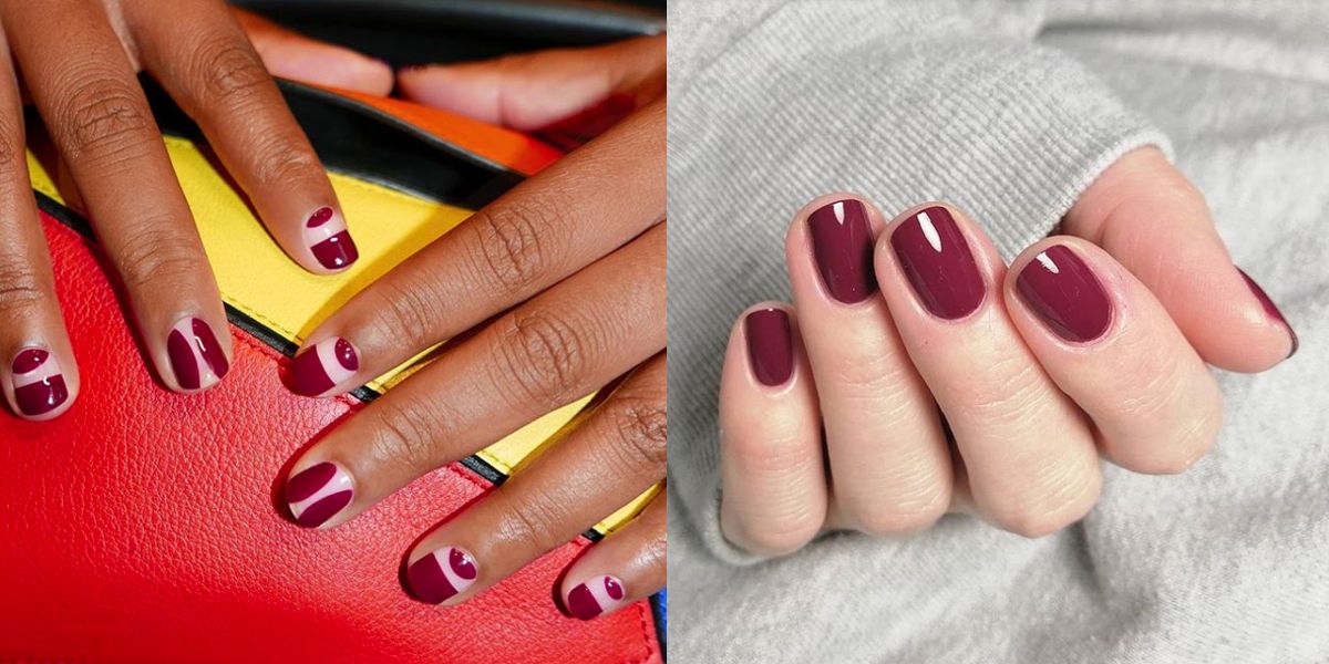 burgundy and swarovski nail design