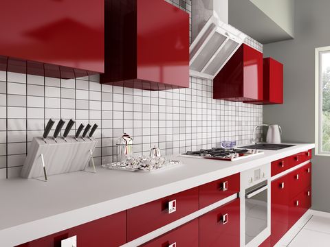 modern red kitchen with sink,gas stove interior 3d photo of tree behind the window is my own work, all rights belong to me