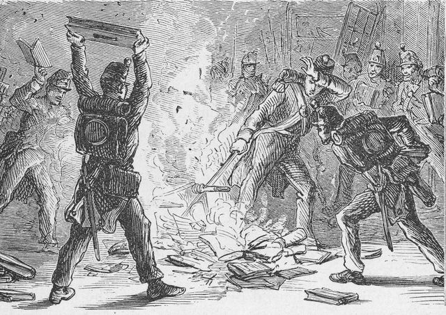 illustration of british soldiers burning books in piles within the us library of congress, washington, dc, circa 1814 kean collectiongetty images