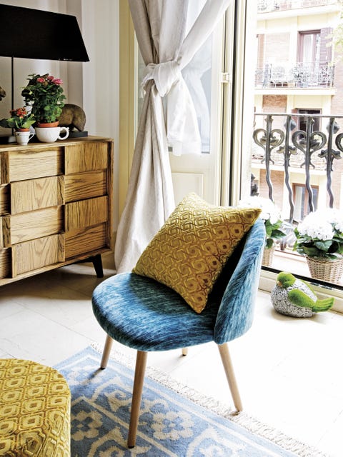 Furniture, Room, Living room, Interior design, Chair, Yellow, Table, Slipcover, Home, Floor, 