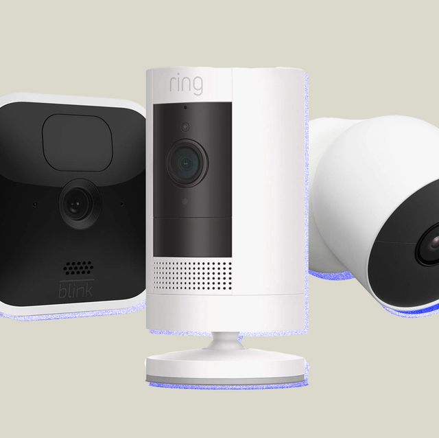 a collage featuring smart home cameras from blink, ring and google