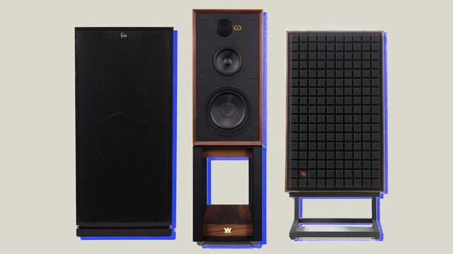 collage of speakers jbl l100 classic klipsch forte iii wharfedale linton heritage