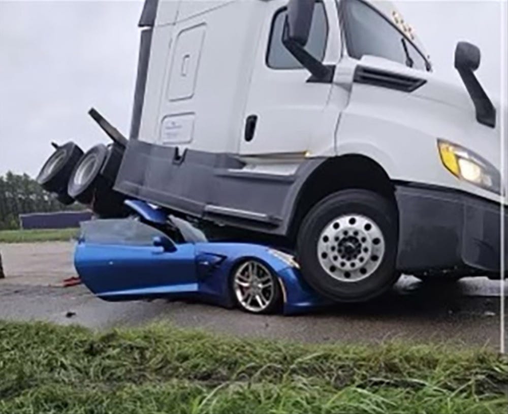 Wild Crash: 18-Wheeler Crushes C7 Corvette in Crash, No Major Injuries Reported