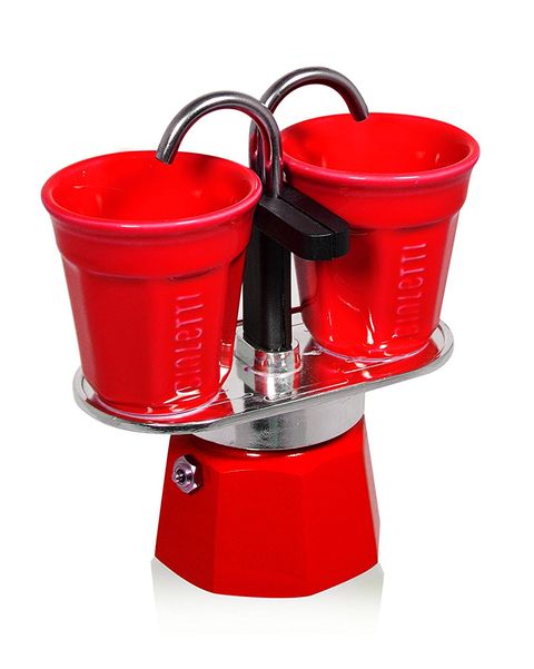 Cafetera de aluminio con 2 vasitos color rojo