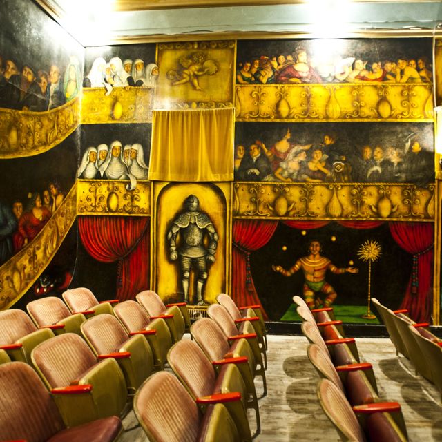 california, death valley junction amaragosa opera house, audience seating with painted walls