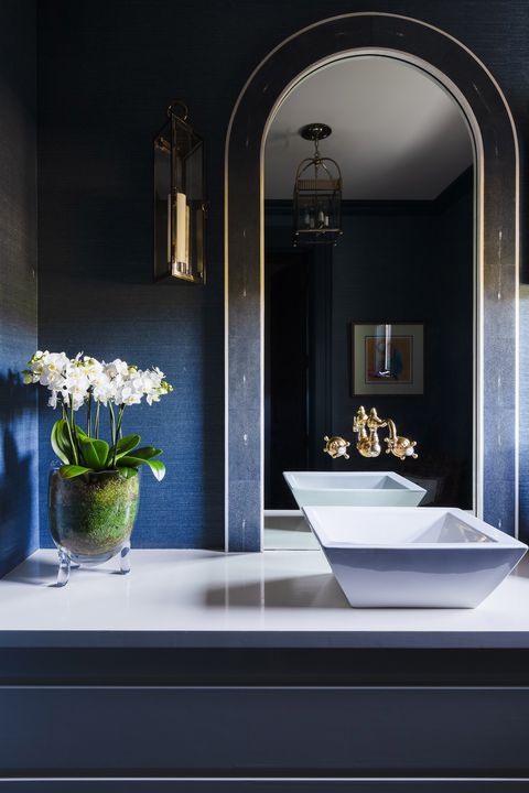 powder room, white sink, gold faucet, dark wallpaper