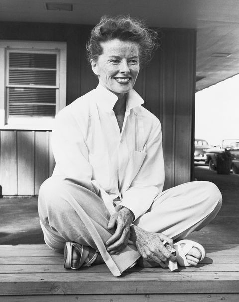 actress katharine hepburn relaxes in stratford, connecticut, where she is rehearsing for shakespeares merchant of venice with the american shakespeare festival